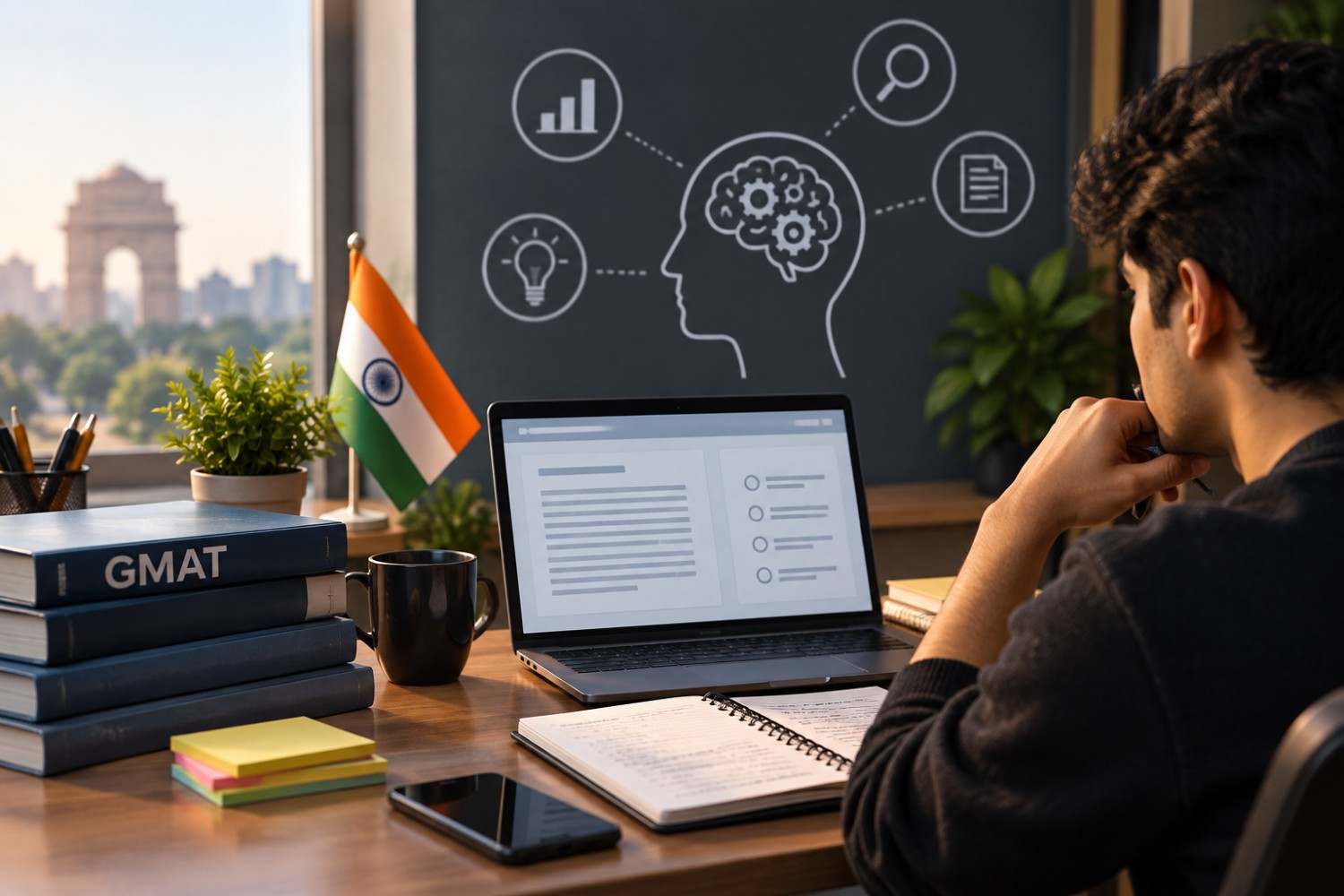GMAT critical reasoning study setup with an Indian student, laptop, books, notes, and visual problem-solving concepts.